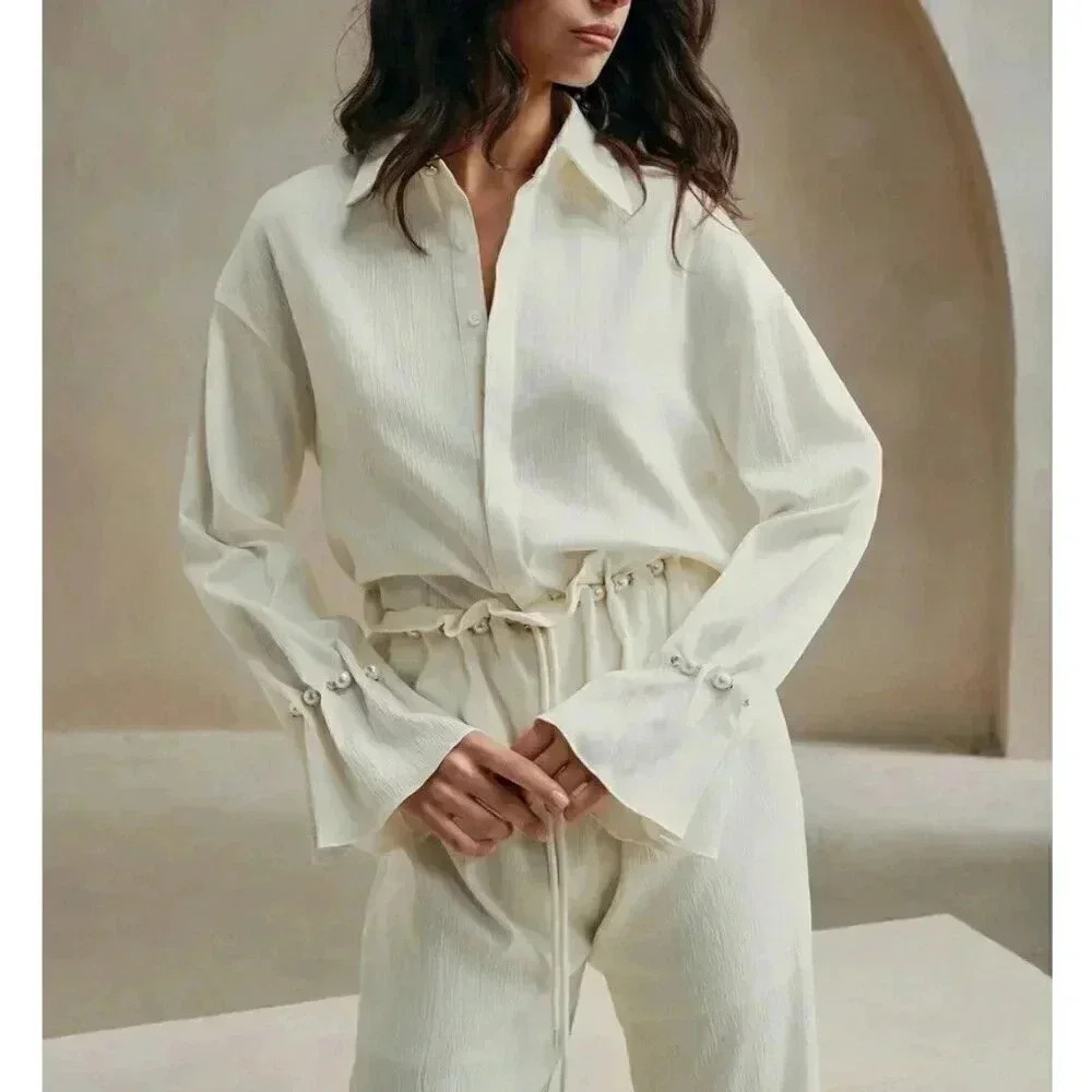 Elegant Pearl Decor Ruffle Sleeve Beige Blouse -	Beige